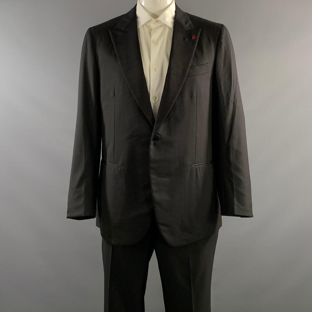 ISAIA Chest Size 46 Black Red Wool Peak Lapel 38 36 Tuxedo